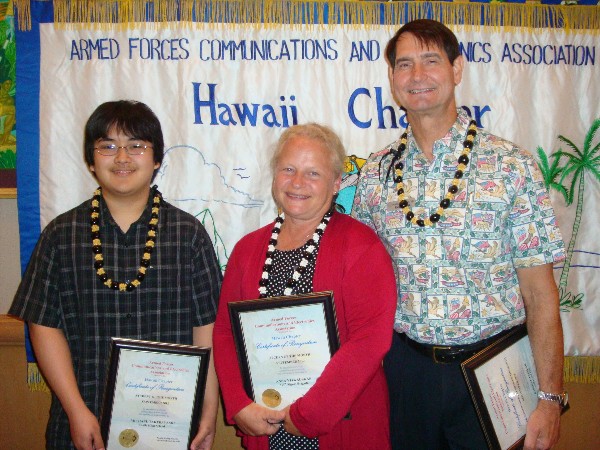 Award winners gathering in September are (l-r) Michael Takebayashi, Student of the Month; Anna Vitkauskas, AFCEAN of the Month, and Cieslak.